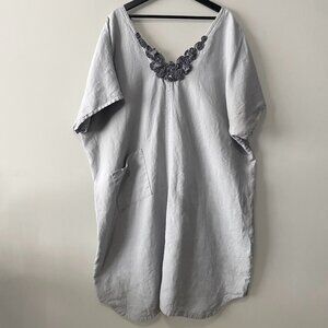 Handmade Plus Size 100% Linen Blue Grey Patch Pocket Floral Appliqué Dress